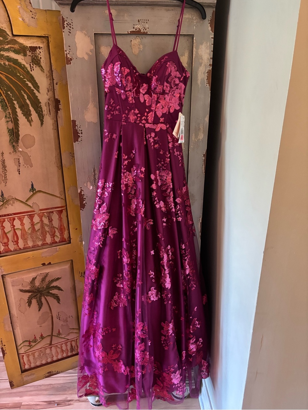 Girls' Fuchsia Floral Sequin Spaghetti-Strap Dress